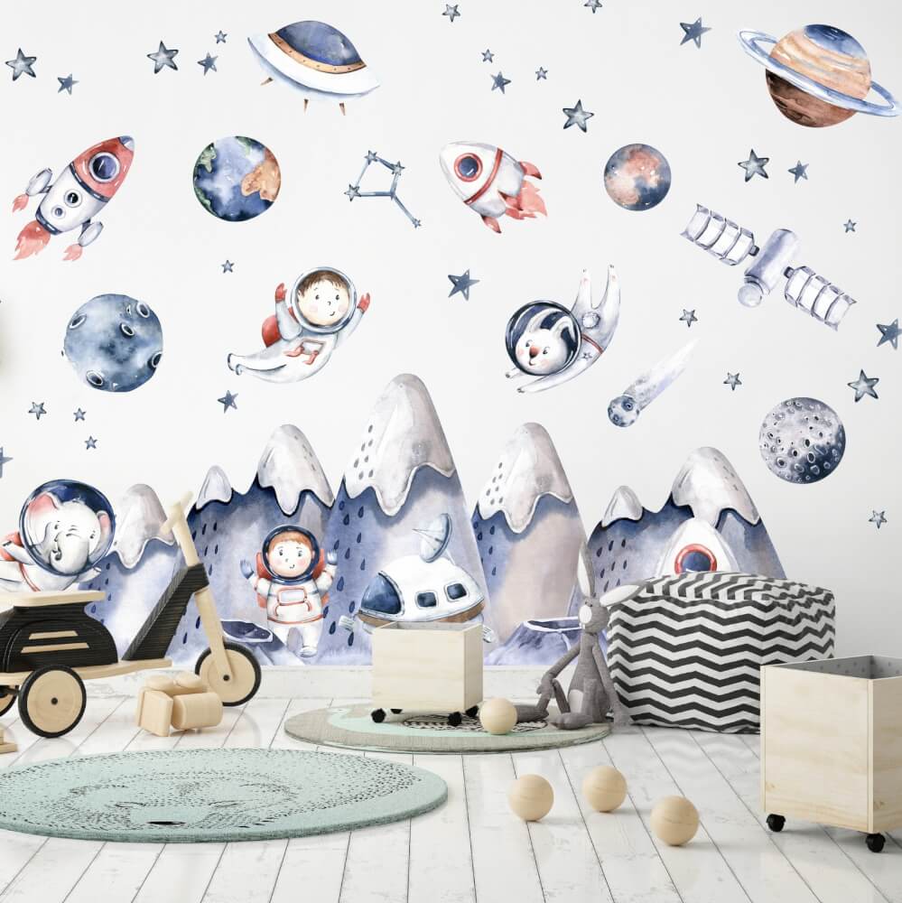 Dětské samolepky na zeď - Astronauti a vesmír pro kluky N.2. Kopce 57x129cm + doplňky
