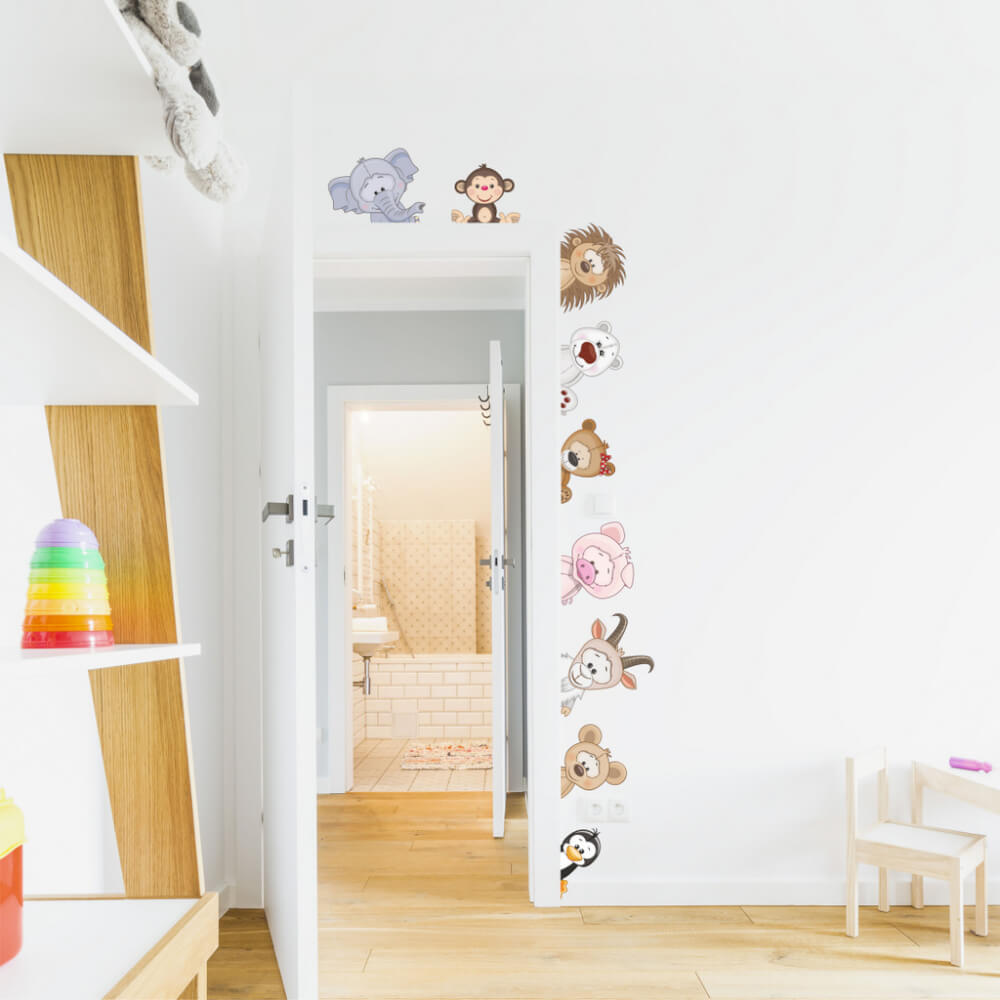 Samolepky na zeď - Zvířátka z dvora kolem dveří, samolepky pro deti N.1 - 9 ks od 14 do 29 cm doprava
